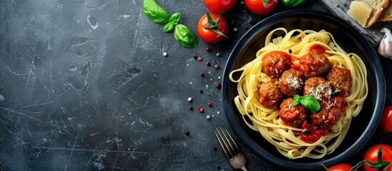 Aufkleber - A healthy meal of pasta with meatballs and tomato sauce on a plate seen from the top on a rustic background providing good copy space for an image