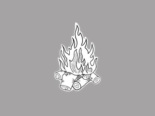 contour hand-drawn sticker black and white illustration of a burning campfire with stones around. is