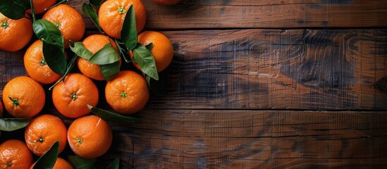 Poster - Top view of ripe mandarins on a wooden surface with a clear area for additional content ideal for a copy space image