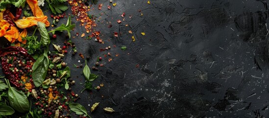 Poster - Various spices paired with fresh and dehydrated vegetables on a dark background from a top perspective with room for text or images in the frame. Creative banner. Copyspace image