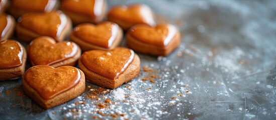 Leinwandbilder - Heart shaped cookies with a glossy finish baked with love as a Valentine s Day treat embodying a love theme with a copy space image