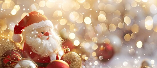 Fototapete - Copy space image featuring Santa Claus dolls and Christmas decorations on an abstract light background