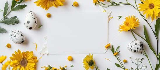 Aufkleber - High quality flat lay photo of Easter themed composition featuring yellow flowers Easter eggs and a paper blank on a white background with ample copy space image