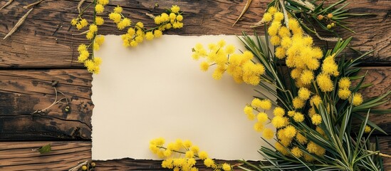 Aufkleber - Mimosa flowers beautify a wooden background with a blank paper for text in the image. Creative banner. Copyspace image