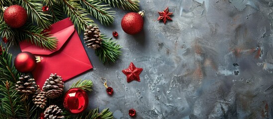 Aufkleber - A festive holiday themed composition with green fir branches pine cones Christmas ornaments a red envelope and a greeting card set against a gray backdrop ideal for festive copy space images