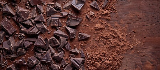 Fototapete - An image of shattered chocolate bits and cocoa powder on a wooden surface seen from above with a blank area for additional content in the frame