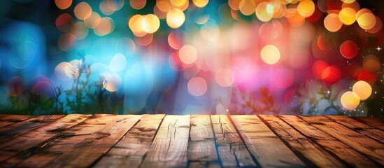 Fototapete - Wooden table ready for showcasing products with a soft colorful bokeh background ideal for a copy space image