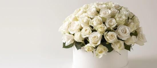 Poster - A high end arrangement of white roses in a floral hat box with a spacious area to add text or images set against a plain white backdrop. Creative banner. Copyspace image