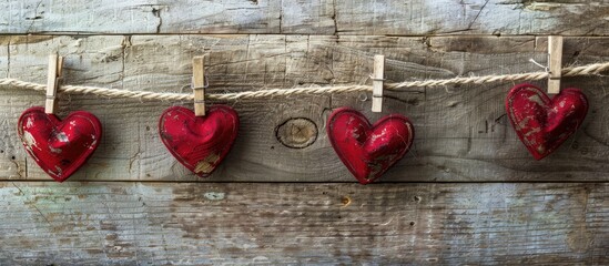 Aufkleber - Red hearts displayed on a clothesline against an aged wooden backdrop with copy space image