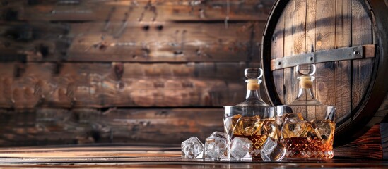 Sticker - Wooden barrel backdrop with glasses whiskey bottle and ice ideal for text placement copy space image