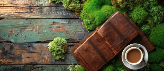 Poster - Top view of a set of hard leather covered diaries or notebooks placed on a wooden surface with a cup of coffee and vibrant green moss providing ample copy space for an image