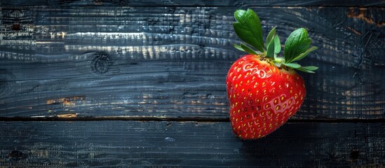 Aufkleber - Top view of a ripe strawberry with leaves on a dark wooden surface ideal for a copy space image
