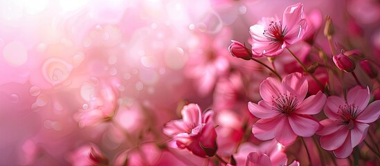 Aufkleber - Pink flowers are softly blurred in the background creating a copy space image ideal for adding your inscriptions or designs