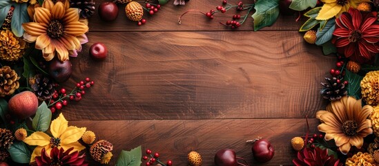 Poster - Top view of a stunning autumn wreath featuring flowers berries and fruits on a wooden backdrop offering ample copy space image