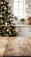 Wall Mural - Rustic wooden table in foreground with blurred Christmas tree and bright kitchen behind, creating a warm and inviting holiday atmosphere at home.