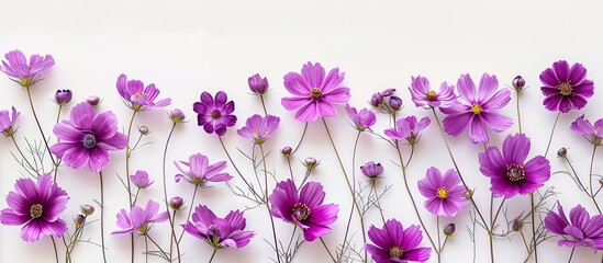 Poster - Copy space image featuring numerous purple cosmos flowers set against a white backdrop