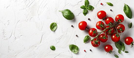 Aufkleber - Organic red cherry tomatoes and green basil on a white background Glossy clean eating veggies with a vegetarian diet in a flat lay top view Copy space image included