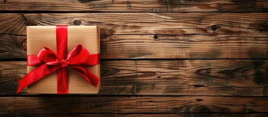 Canvas Print - Wooden background with a red ribbon adorned gift box presenting ample copy space for images