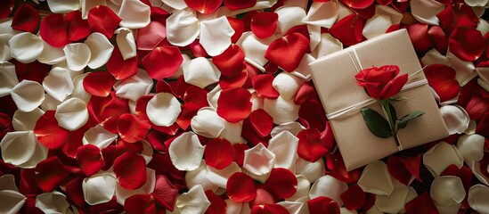 Leinwandbilder - Top view on a romantic composition of red and white rose petals in a gift box with a Valentine s Day greeting card perfect for romantic concepts with copy space image