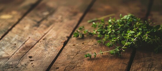 Aufkleber - A rustic image with a cluster of fresh thyme on a wooden backdrop reminiscent of a vintage magazine spread leaving room for additional elements