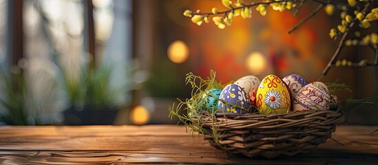 Aufkleber - A wicker basket holding decorative wooden Easter eggs creating an appealing scene with copy space image