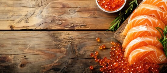 Wall Mural - Salmon don sashimi raw salmon roe and wasabi arranged on a wooden table with a clear area for text or images. Creative banner. Copyspace image