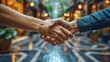 © Blackmint Studio - Two people shake hands warmly in a lively urban passageway illuminated by soft lights, conveying mutual respect and connection