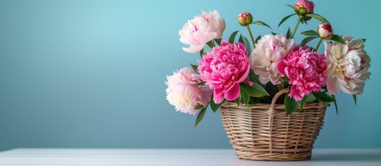 Canvas Print - Peonies arranged in a wicker basket on a white table with available copy space image