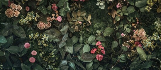 Poster - Greeting card featuring dried flowers and lush green foliage with copy space image