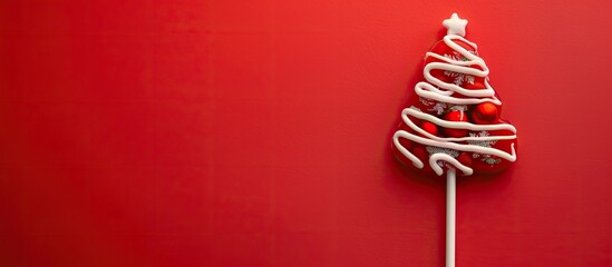Poster - A lollipop designed as a Christmas tree against a red backdrop with space for additional images