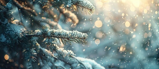 Fototapete - Winter forest with snow falling showcasing spruce branches Ideal scene for Christmas with a spacious area for additional images