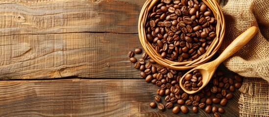 Poster - Wooden basket filled with coffee beans and a wooden spoon on a table with copy space image