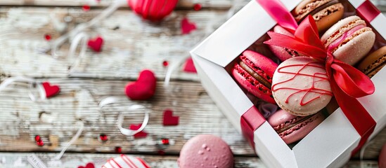 Aufkleber - Valentine s Day theme with a white rustic wooden backdrop holding a white gift box filled with vibrant macarons creating a romantic copy space image