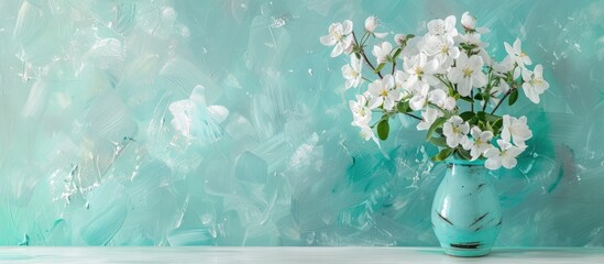 Aufkleber - Background of turquoise paper with a vase holding a bouquet of white Apple blossoms creating an abstract floral spring setting with copy space image