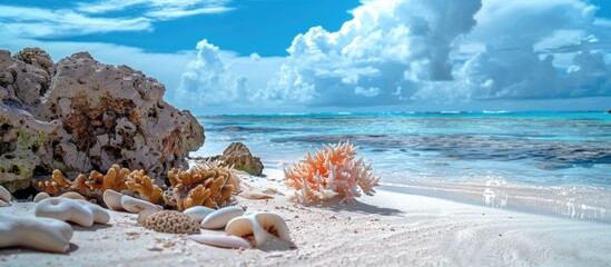 Fototapete - Seaside scene featuring coral rocks and sand on the beach against a copy space image