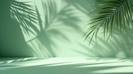 Poster - 3D rendering of a green background with soft palm leaf shadows creating a serene atmosphere. This minimalist design offers an ideal empty space for product presentation or mockup scene template, captu