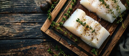 Poster - Raw cod fillets with thyme are displayed on a wooden board against a wooden backdrop in a top view photo with ample copy space image