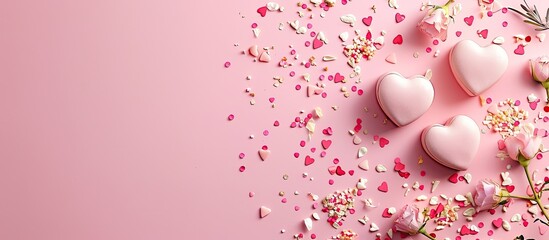 Leinwandbilder - Pink background decorated with heart shaped boxes flower confetti or potpourri perfect for a copy space image
