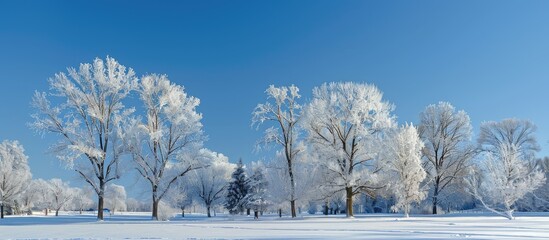 Sticker - After a winter snowstorm snow draped trees stand out beautifully against the clear blue sky in this picturesque copy space image