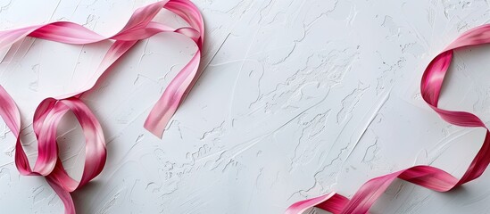 Aufkleber - A flat lay photo with a pink curly ribbon on a white background providing copy space image