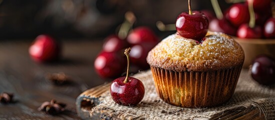Poster - Gluten free muffin made with flax seeds millet and rice flour filled with cherries A rustic photo with copy space image to showcase healthy pastries