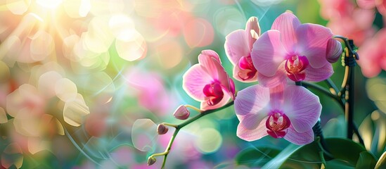 Aufkleber - A pink Moth Orchid blooms in a lush tropical garden in winter or spring making a lovely floral backdrop with a focused image area for text. Creative banner. Copyspace image