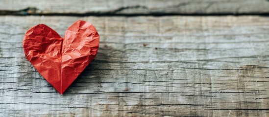 Leinwandbilder - Valentine s Day and romance concept with a red heart shaped paper on a wooden background showing love and intimacy in a copy space image