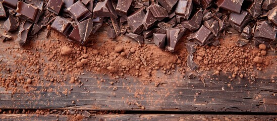 Fototapete - An image of shattered chocolate bits and cocoa powder on a wooden surface seen from above with a blank area for additional content in the frame