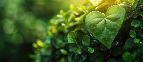Fototapete - Heart shaped green leaves against nature s backdrop with a copy space image embodying the love and nature concept