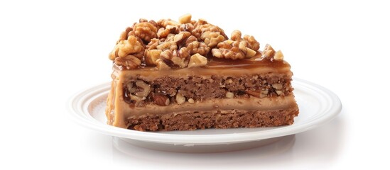 Poster - A walnut toffee cake presented on a plastic plate against a white background with ample copy space isolated includes a clipping path for easy editing