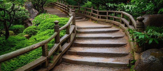 Poster - A picture of the stairway on a bridge within a serene tea garden setting with ample copy space image available
