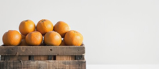 Wall Mural - Fresh juicy oranges resting on a wooden box against a white backdrop showcasing a copy space image