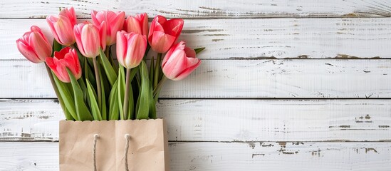 Aufkleber - Pink tulips in a paper bag on a white wooden background ideal for Easter or spring themed greeting cards with copy space image