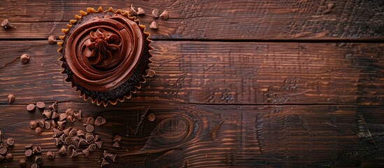 Poster - Rustic top view of a chocolate cupcake on a table with copy space image for a delightful meal or snack